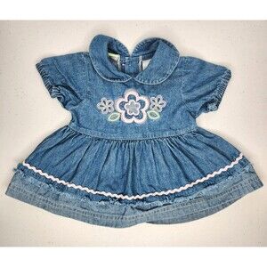 VTG Sesame Street 100% Cotton Denim Girls Dress w/ Embroidered Flowers, 0/3 Mths
